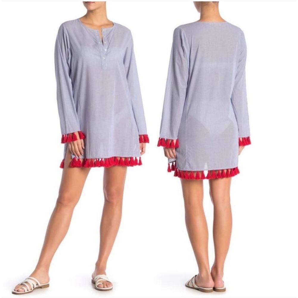 TORY BURCH‎ Coverup Womens S Lucia Narrow Striped Red Tassel Cotton Beach Tunic